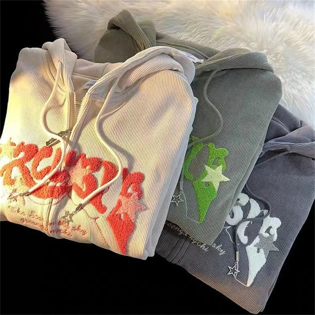 Fashion Embroidery Zip Up Hoodies Women Autumn Long Sleeve Tops Loose Hood Shirt Harajuku Y2K Clothes Female Sweatshirt Jacket