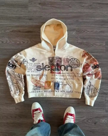 Harajuku Trendy Brand High Street Fashion Loose Animation Printed Zipper Hoodie Goth American Men Y2k Oversized Sweatshirt Women