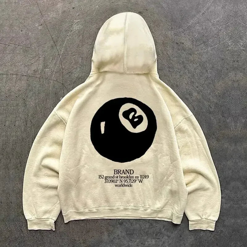 American Retro Long Sleeve Black Ball 8 Pattern Print Hoodies Men Harajuku Sweatshirt Women Autumn Winter Couple Clothes Y2k Top