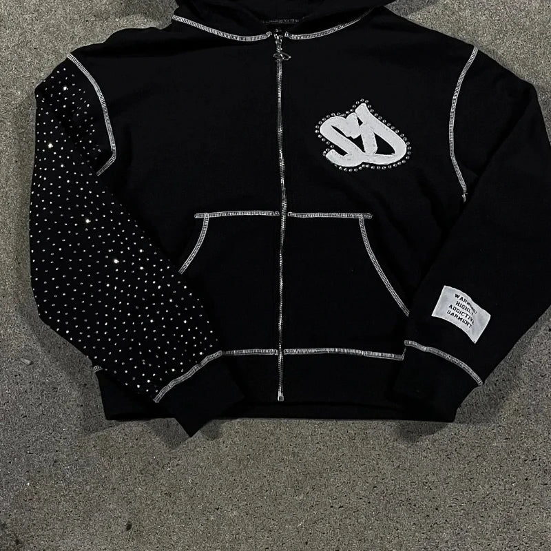 Y2k Streetwear Retro Men Embroidery Personalized Diamond Oversized Hoodie Men Women Harajuku Gothic Casual Sweatshirt
