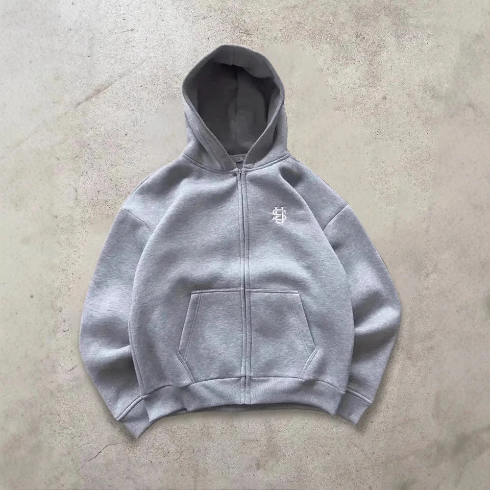 Y2k Retro Zip Embroidery Pattern Hoodie Loose Straight Baggy Pants Men's Pullover Unisex Women Hip Hop Harajuku Casual Pant Goth