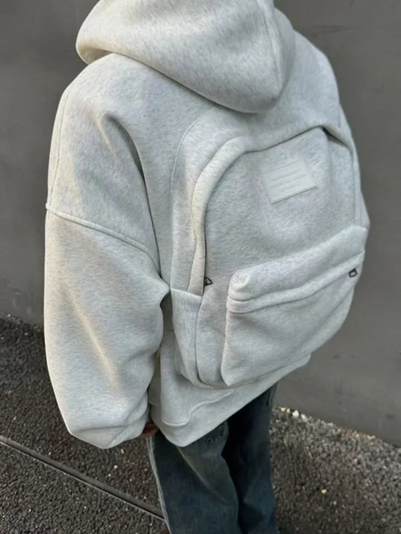 Streetwear fashion three-dimensional backpack casual hoodie Y2K autumn winter high street trend punk men's top loose sportswear