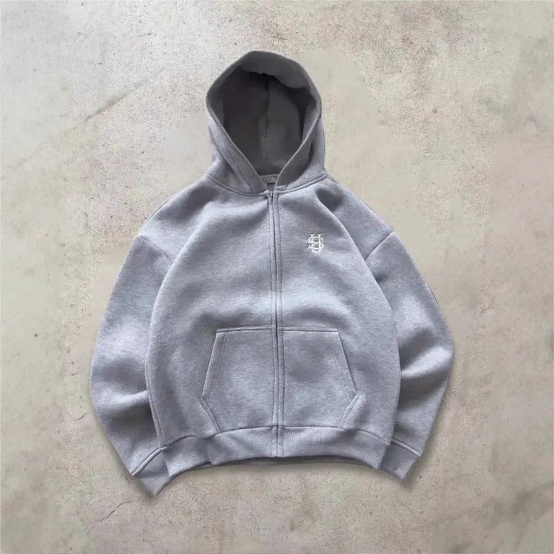 Y2k Retro Zip Embroidery Pattern Hoodie Loose Straight Baggy Pants Men's Pullover Unisex Women Hip Hop Harajuku Casual Pant Goth
