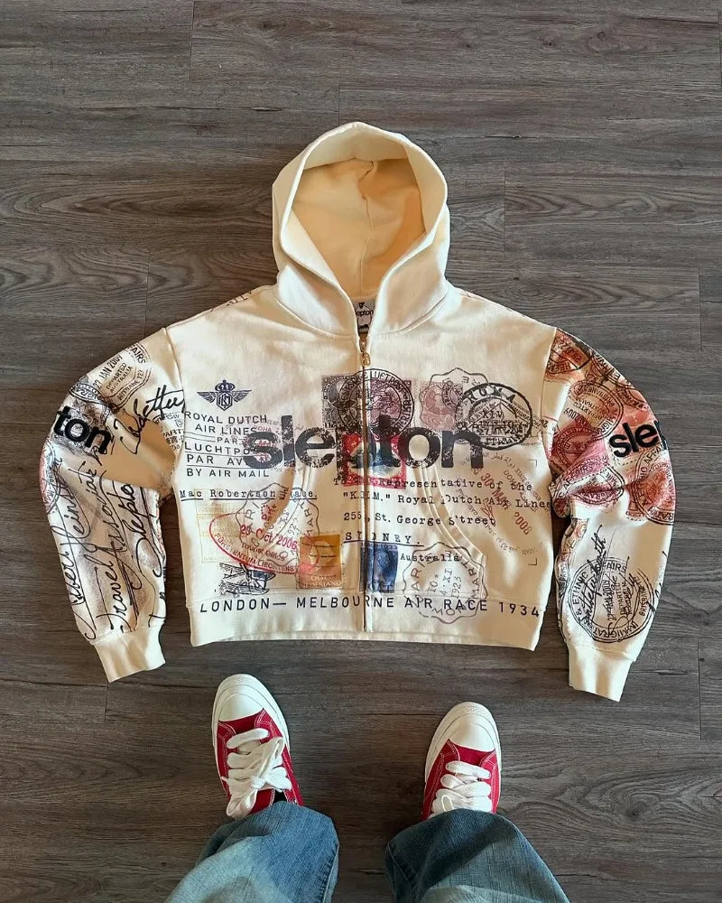 Harajuku Trendy Brand High Street Fashion Loose Animation Printed Zipper Hoodie Goth American Men Y2k Oversized Sweatshirt Women