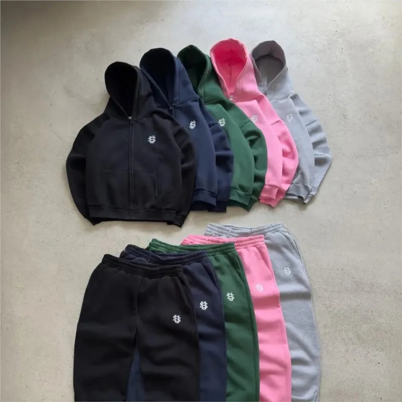 Y2k Retro Zip Embroidery Pattern Hoodie Loose Straight Baggy Pants Men's Pullover Unisex Women Hip Hop Harajuku Casual Pant Goth