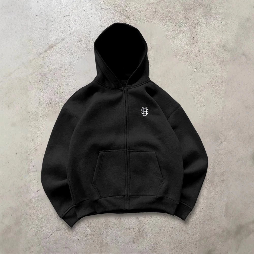 Y2k Retro Zip Embroidery Pattern Hoodie Loose Straight Baggy Pants Men's Pullover Unisex Women Hip Hop Harajuku Casual Pant Goth