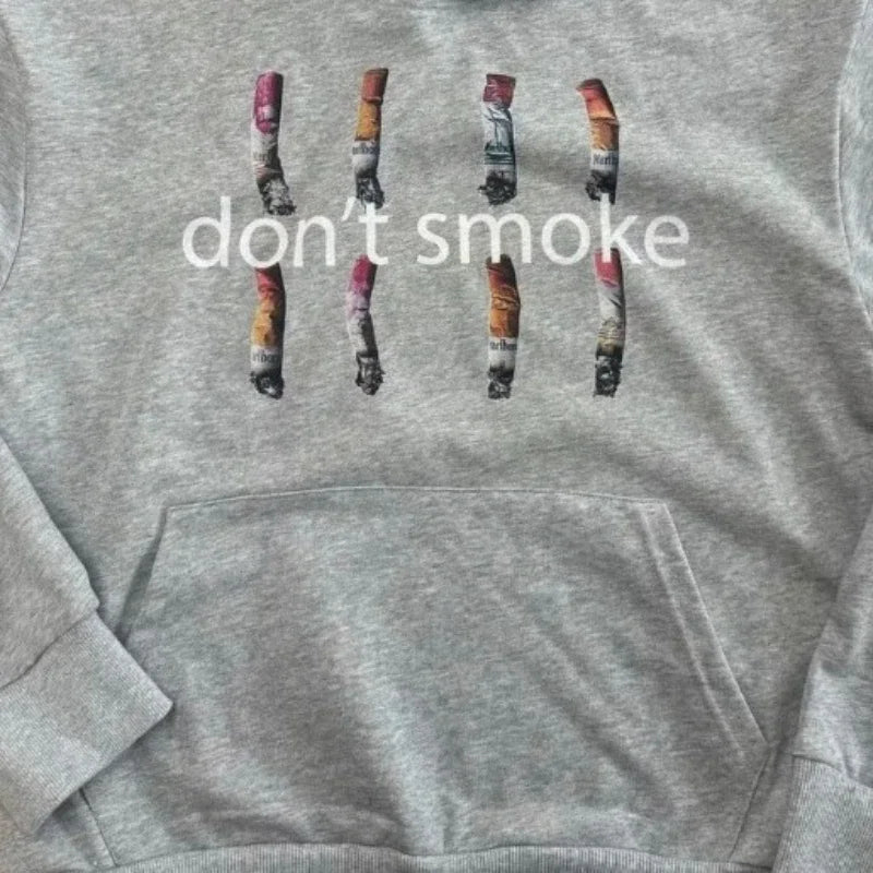 Y2K Gray Sports Hoodie Retro Smoke Print Sweater Men Women New Fashion Vintage Classic Hip Hop Streetwear Clothing Loose Jacket