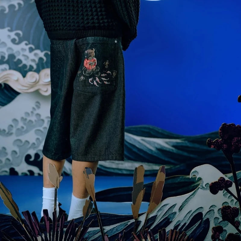 Y2K Shorts Cherry Blossom Selvedge Embroidery Harajuku Baggy Denim Shorts American Hip hop Streetwear men women Casual Shorts