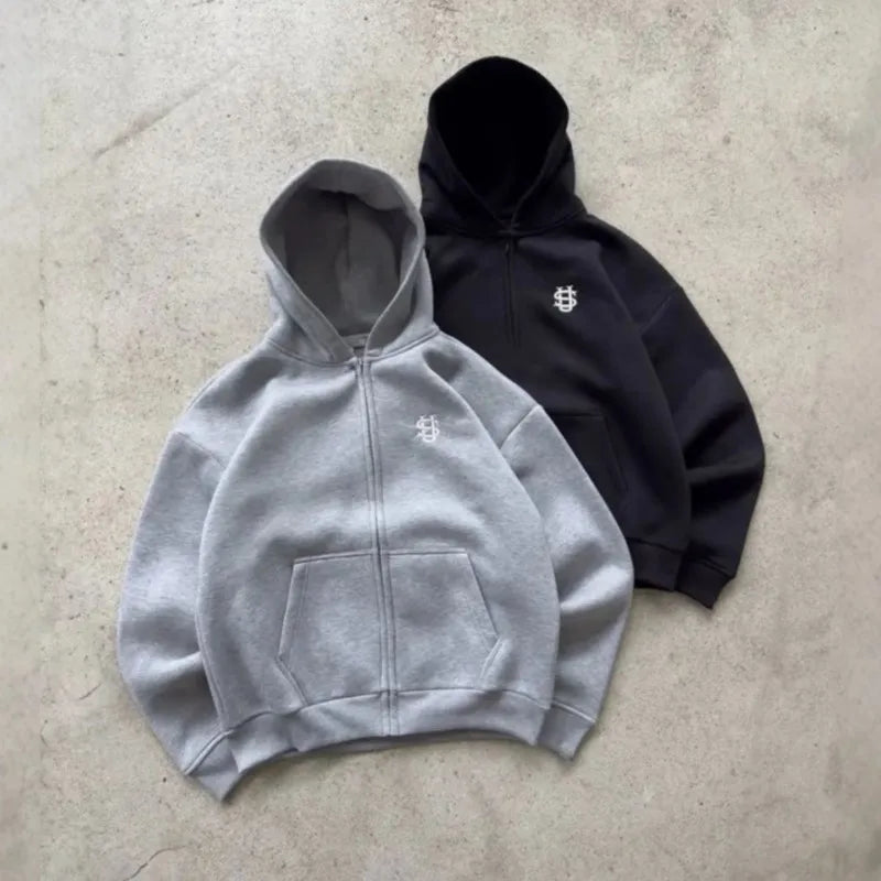Y2k Retro Zip Embroidery Pattern Hoodie Loose Straight Baggy Pants Men's Pullover Unisex Women Hip Hop Harajuku Casual Pant Goth
