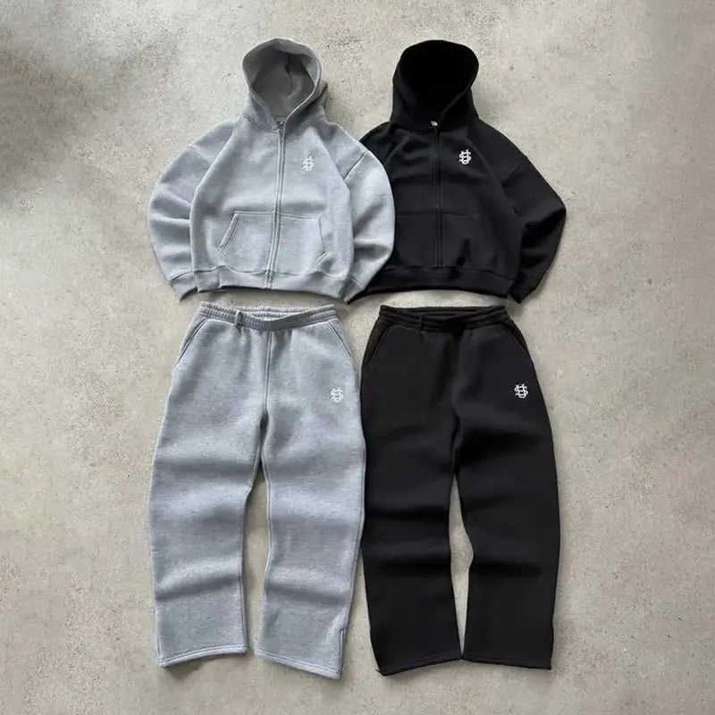 Y2k Retro Zip Embroidery Pattern Hoodie Loose Straight Baggy Pants Men's Pullover Unisex Women Hip Hop Harajuku Casual Pant Goth