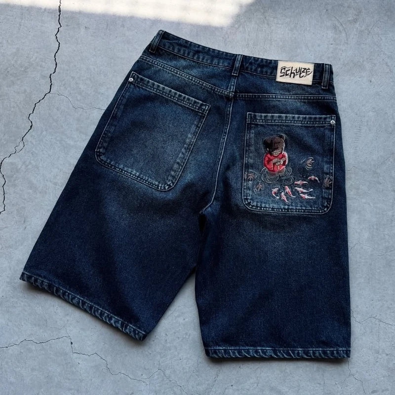 Y2K Shorts Cherry Blossom Selvedge Embroidery Harajuku Baggy Denim Shorts American Hip hop Streetwear men women Casual Shorts