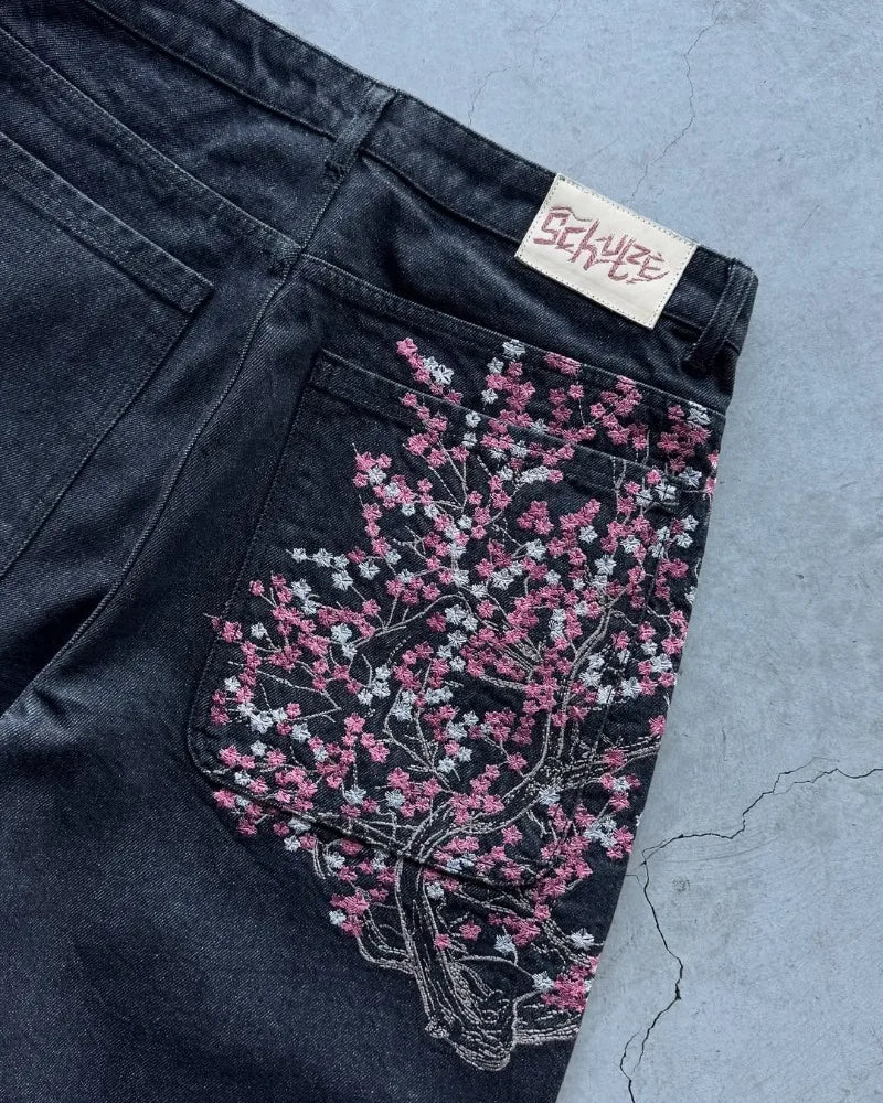 Y2K Shorts Cherry Blossom Selvedge Embroidery Harajuku Baggy Denim Shorts American Hip hop Streetwear men women Casual Shorts